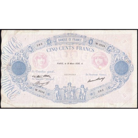 F 30-37 - 19/03/1936 - 500 francs - Bleu et rose - Série W.2224 (remplacement) - Etat : TB+