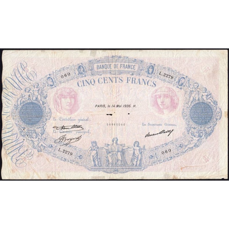 F 30-37 - 14/05/1936 - 500 francs - Bleu et rose - Série L.2279 - Etat : TB-