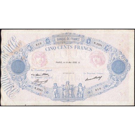 F 30-37 - 14/05/1936 - 500 francs - Bleu et rose - Série N.2291 - Etat : TB