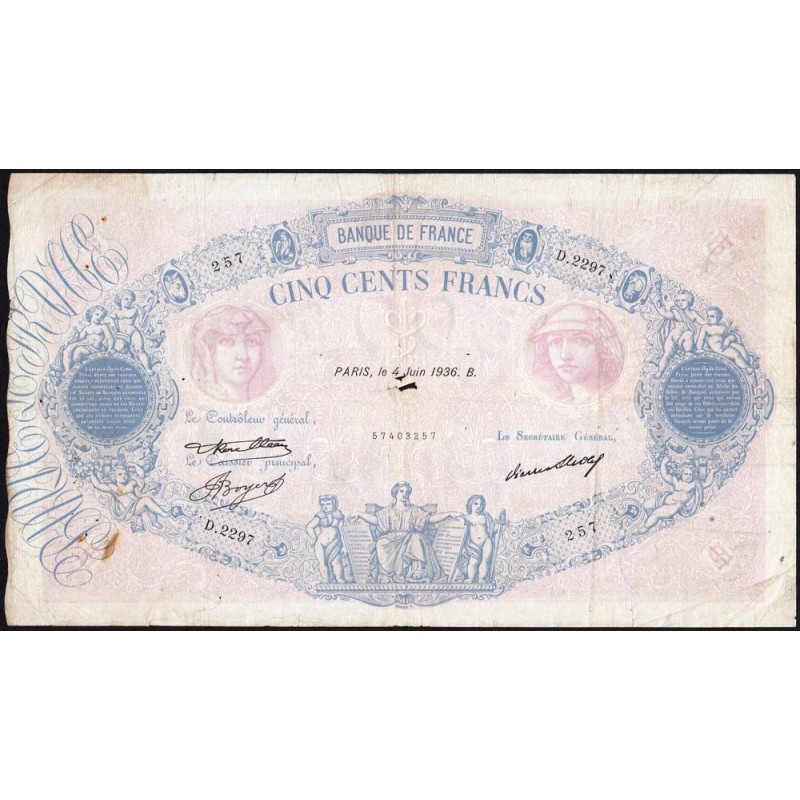 F 30-37 - 04/06/1936 - 500 francs - Bleu et rose - Série D.2297 - Etat : TB-