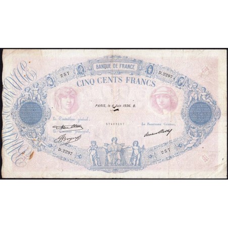 F 30-37 - 04/06/1936 - 500 francs - Bleu et rose - Série D.2297 - Etat : TB-