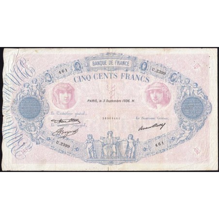 F 30-37 - 03/09/1936 - 500 francs - Bleu et rose - Série U.2399 - Etat : TB+