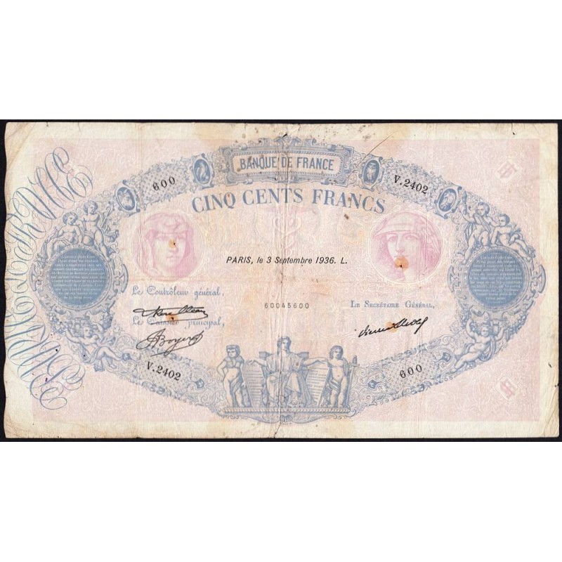 F 30-37 - 03/09/1936 - 500 francs - Bleu et rose - Série V.2402 - Etat : TB-