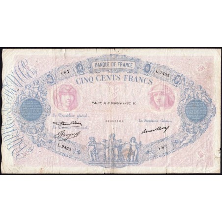 F 30-37 - 08/10/1936 - 500 francs - Bleu et rose - Série L.2435 - Etat : TB-