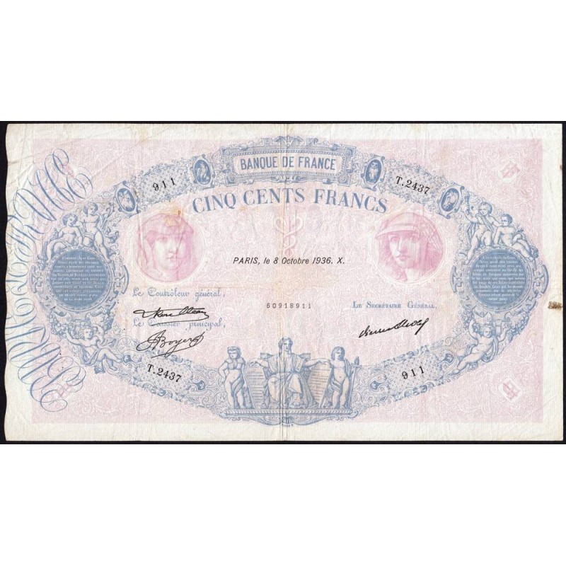 F 30-37 - 08/10/1936 - 500 francs - Bleu et rose - Série T.2437 - Etat : TB+