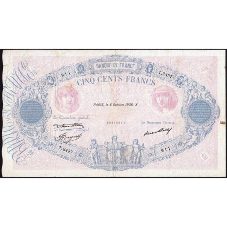 F 30-37 - 08/10/1936 - 500 francs - Bleu et rose - Série T.2437 - Etat : TB+