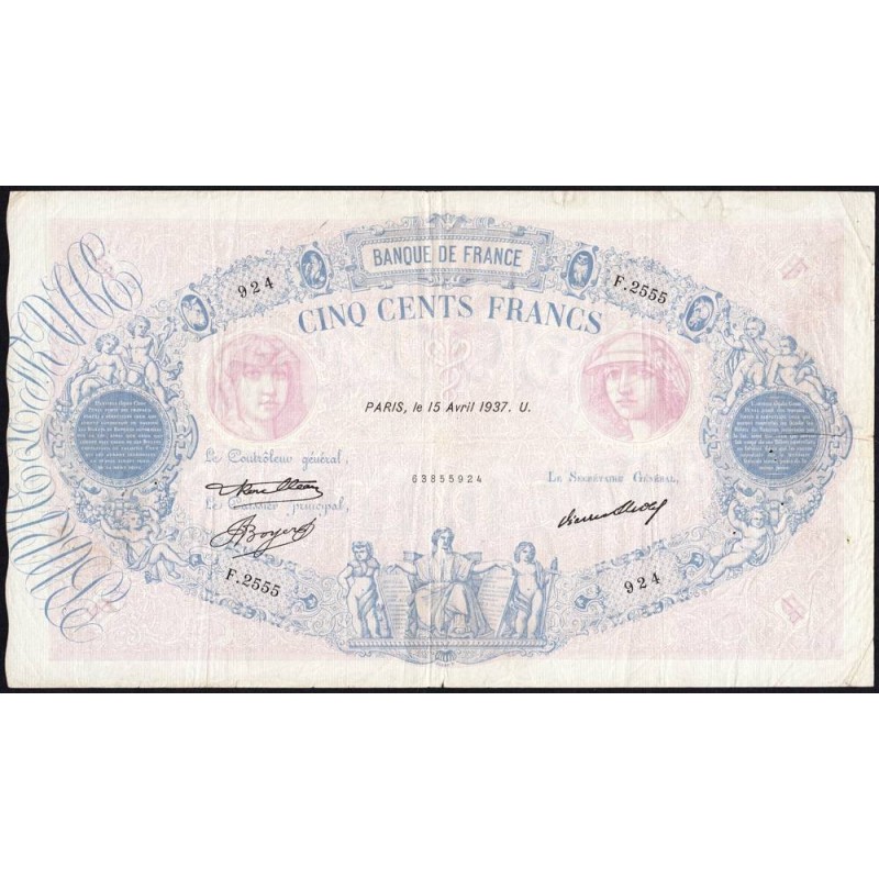 F 30-38 - 15/04/1937 - 500 francs - Bleu et rose - Série F.2555 - Etat : TTB