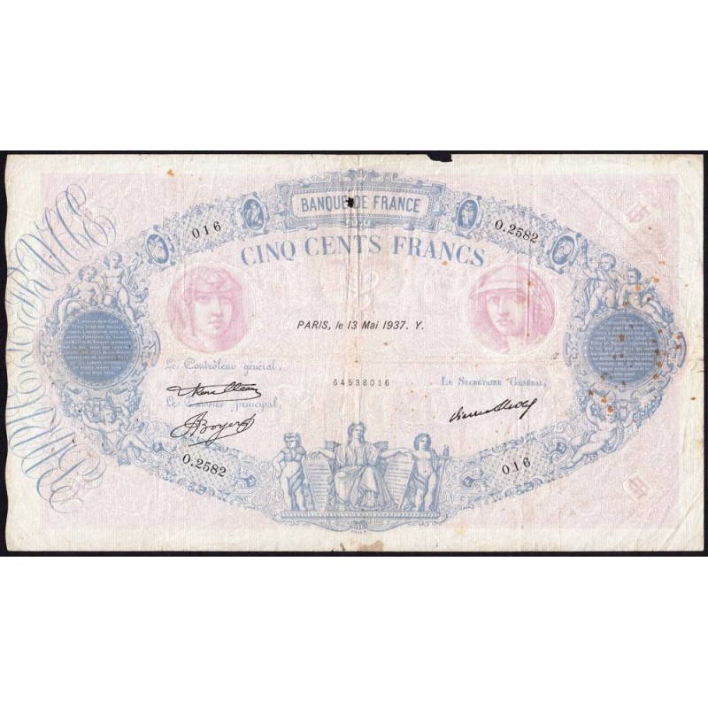 F 30-38 - 13/05/1937 - 500 francs - Bleu et rose - Série O.2582 - Etat : TB-