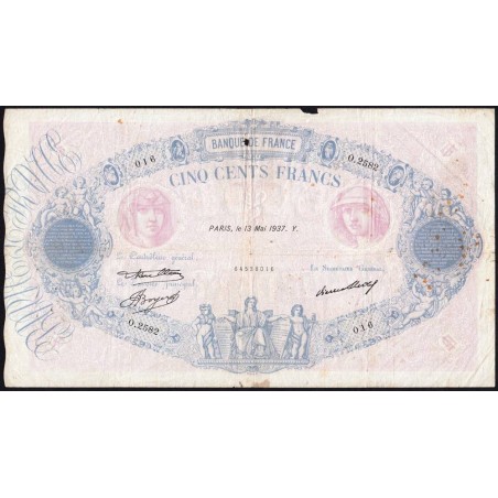 F 30-38 - 13/05/1937 - 500 francs - Bleu et rose - Série O.2582 - Etat : TB-