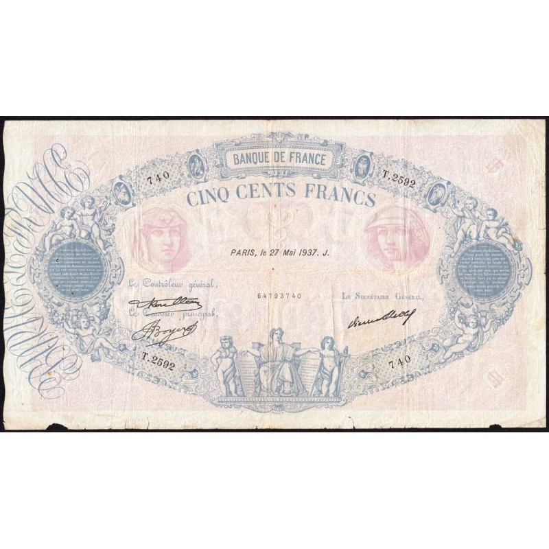 F 30-38 - 27/05/1937 - 500 francs - Bleu et rose - Série T.2592 - Etat : TB-