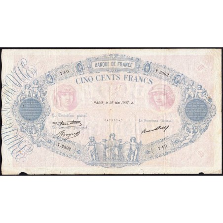 F 30-38 - 27/05/1937 - 500 francs - Bleu et rose - Série T.2592 - Etat : TB-