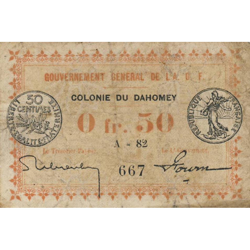 Colonie du Dahomey - Pick 1a_2 - 50 centimes - Série A-82 - 11/02/1917 - Etat : TB