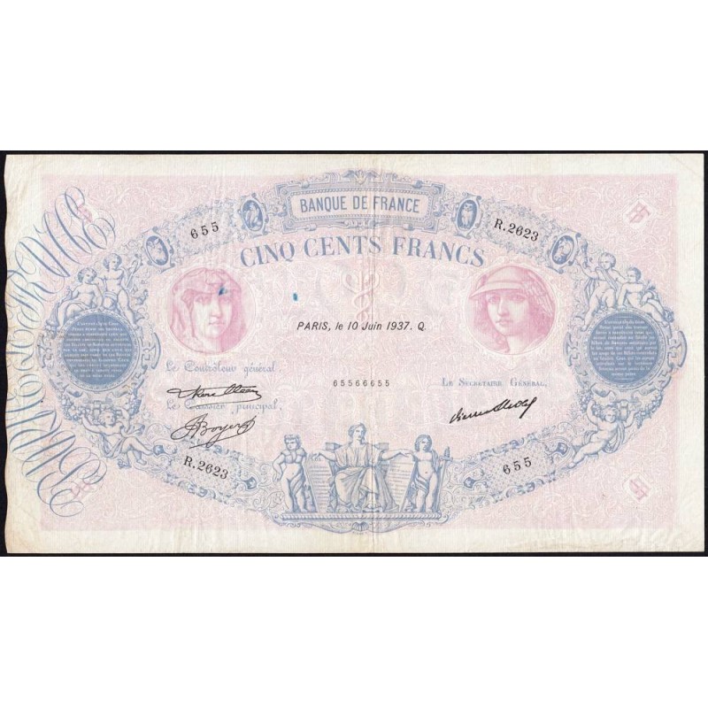 F 30-38 - 10/06/1937 - 500 francs - Bleu et rose - Série R.2623 - Etat : TB+ à TTB