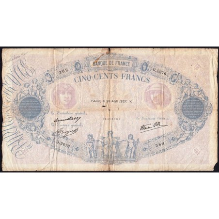 F 31-02 - 26/08/1937 - 500 francs - Bleu et rose modifié - Série Q.2676 - Etat : B