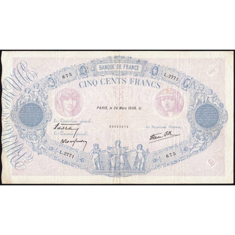 F 31-06 - 24/03/1938 - 500 francs - Bleu et rose modifié - Série L.2771 - Etat : TB+