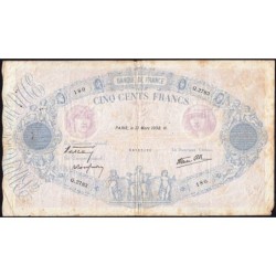 F 31-07 - 31/03/1938 - 500 francs - Bleu et rose modifié - Série Q.2783 - Etat : B+