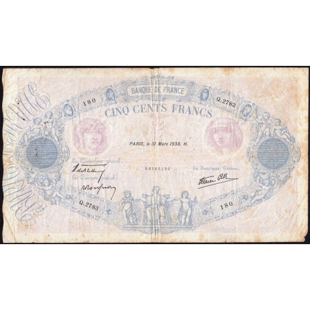 F 31-07 - 31/03/1938 - 500 francs - Bleu et rose modifié - Série Q.2783 - Etat : B+