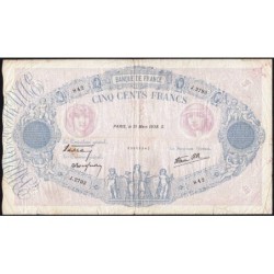 F 31-07 - 31/03/1938 - 500 francs - Bleu et rose modifié - Série J.2793 - Etat : TB-