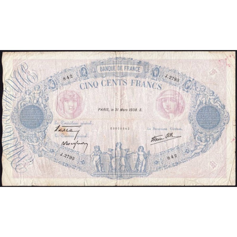F 31-07 - 31/03/1938 - 500 francs - Bleu et rose modifié - Série J.2793 - Etat : TB-