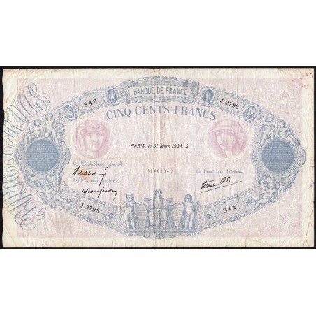 F 31-07 - 31/03/1938 - 500 francs - Bleu et rose modifié - Série J.2793 - Etat : TB-