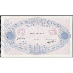 F 31-08 - 14/04/1938 - 500 francs - Bleu et rose modifié - Série D.2805 - Etat : TTB-
