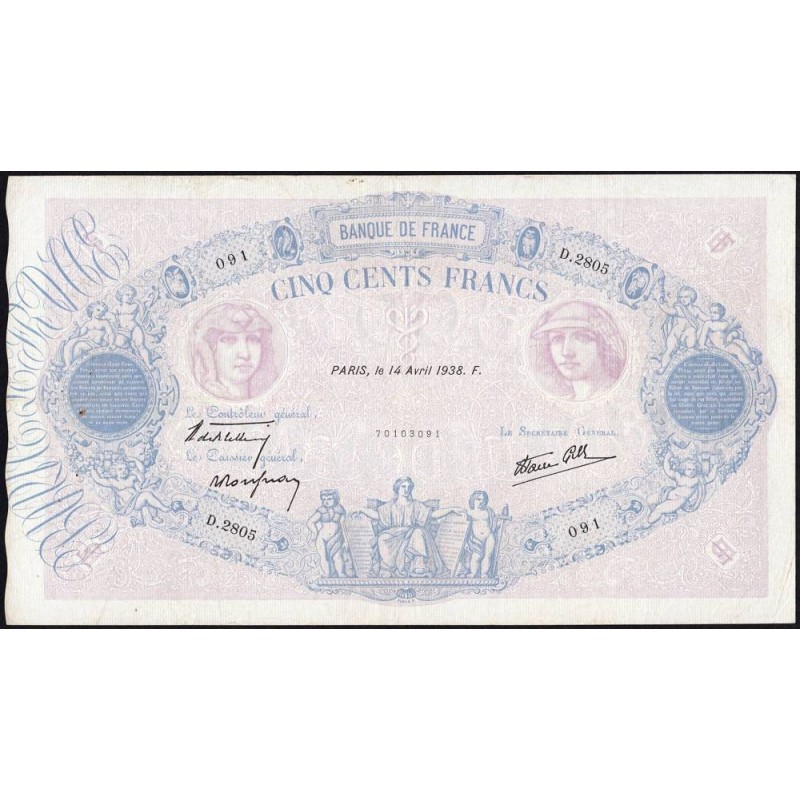 F 31-08 - 14/04/1938 - 500 francs - Bleu et rose modifié - Série D.2805 - Etat : TTB-