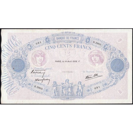 F 31-08 - 14/04/1938 - 500 francs - Bleu et rose modifié - Série D.2805 - Etat : TTB-