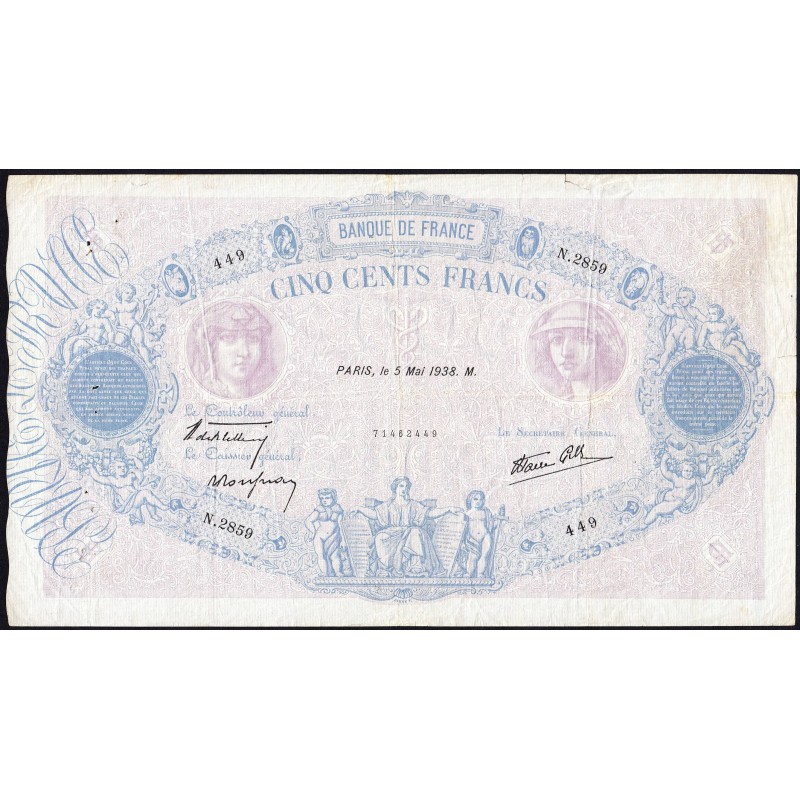 F 31-10 - 05/05/1938 - 500 francs - Bleu et rose modifié - Série N.2859 - Etat : TB+