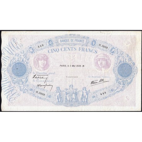 F 31-10 - 05/05/1938 - 500 francs - Bleu et rose modifié - Série N.2859 - Etat : TB+