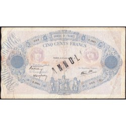 F 31-14 - 09/06/1938 - 500 francs - Bleu et rose modifié - Série X.2961 - Annulé - Etat : TB-