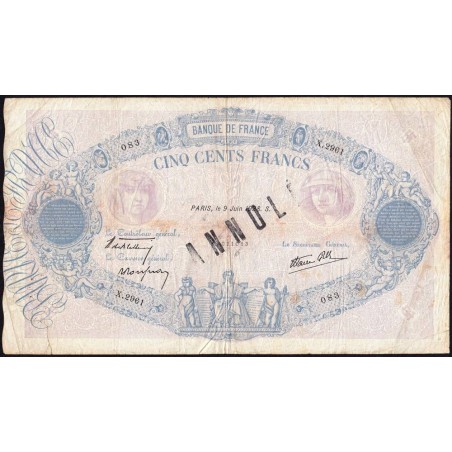 F 31-14 - 09/06/1938 - 500 francs - Bleu et rose modifié - Série X.2961 - Annulé - Etat : TB-