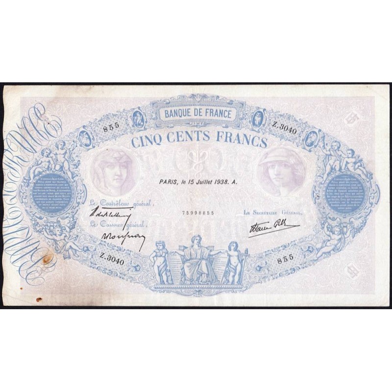 F 31-18 - 15/07/1938 - 500 francs - Bleu et rose modifié - Série Z.3040 - Etat : TB+
