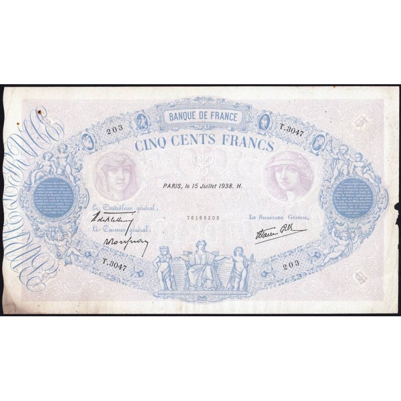 F 31-18 - 15/07/1938 - 500 francs - Bleu et rose modifié - Série T.3047 - Etat : TB+