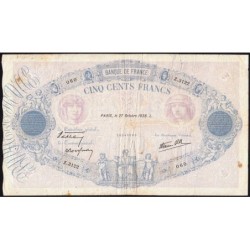F 31-21 - 27/10/1938 - 500 francs - Bleu et rose modifié - Série Z.3122 - Etat : B+
