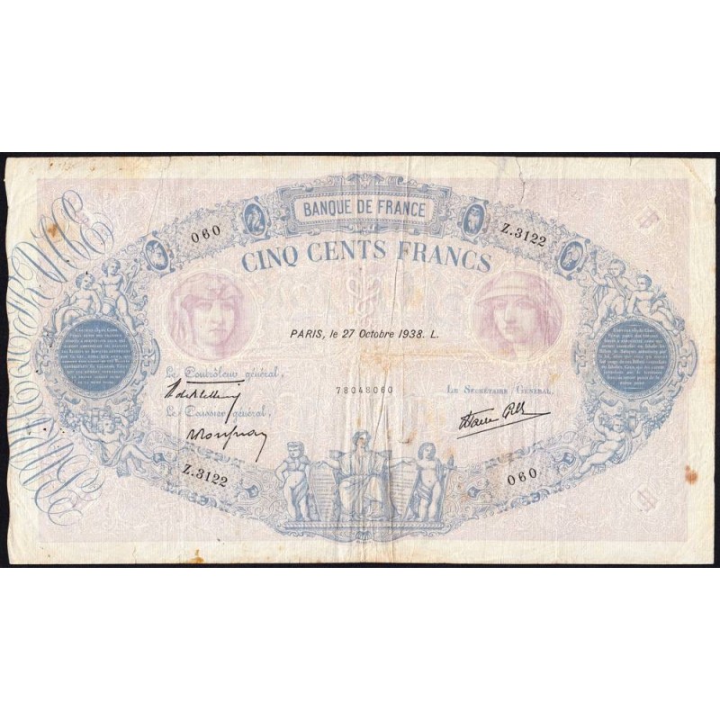 F 31-21 - 27/10/1938 - 500 francs - Bleu et rose modifié - Série Z.3122 - Etat : B+