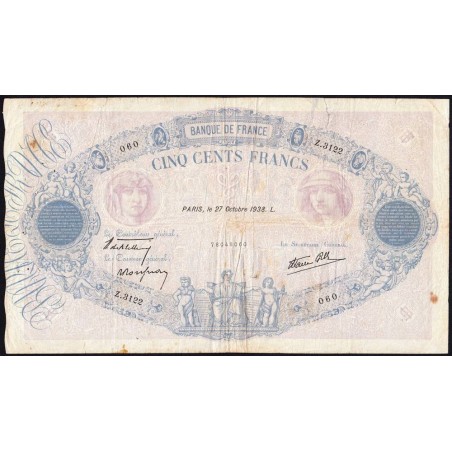 F 31-21 - 27/10/1938 - 500 francs - Bleu et rose modifié - Série Z.3122 - Etat : B+