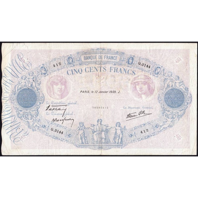F 31-22 - 12/01/1939 - 500 francs - Bleu et rose modifié - Série Q.3144 - Etat : TB+
