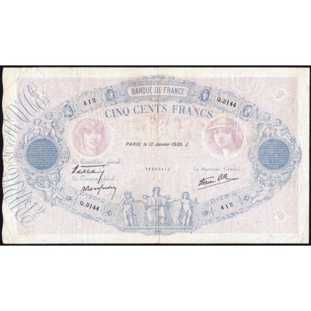 F 31-22 - 12/01/1939 - 500 francs - Bleu et rose modifié - Série Q.3144 - Etat : TB+