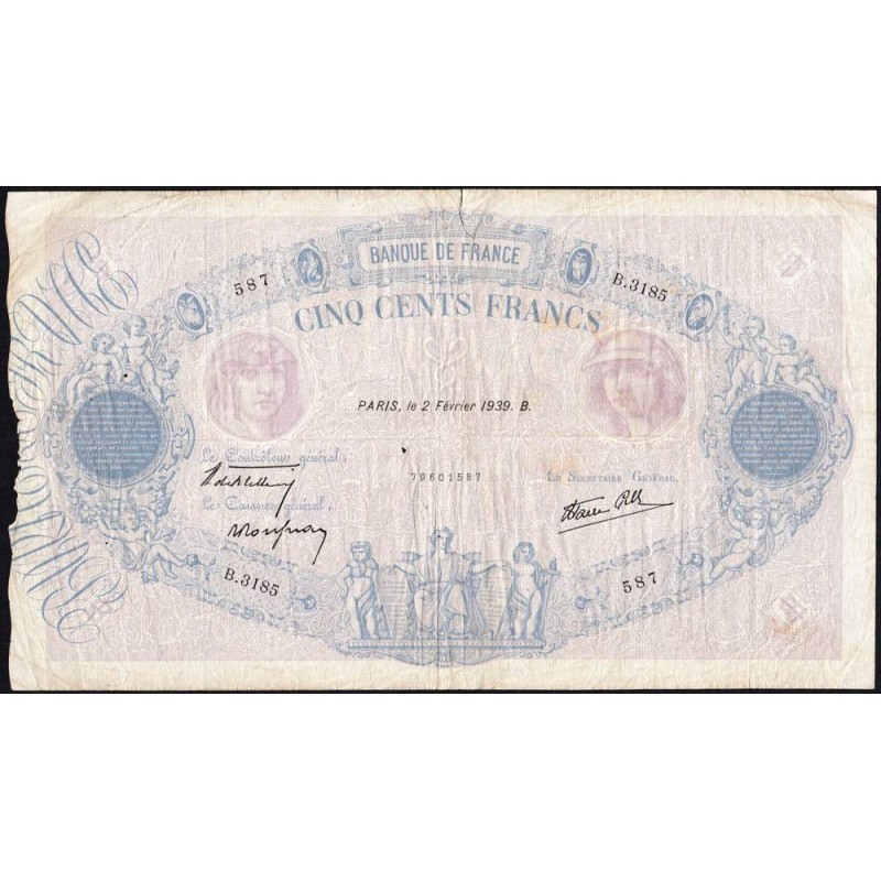 F 31-24 - 02/02/1939 - 500 francs - Bleu et rose modifié - Série B.3185 - Etat : B+