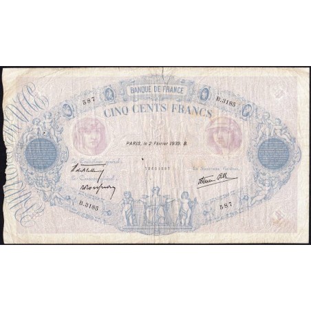 F 31-24 - 02/02/1939 - 500 francs - Bleu et rose modifié - Série B.3185 - Etat : B+