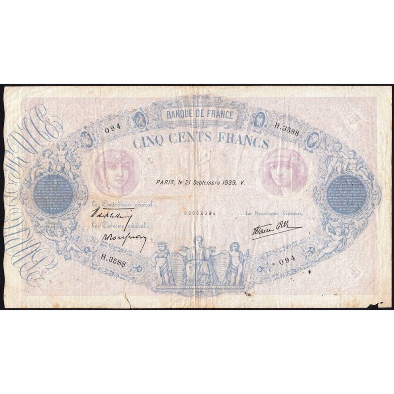 F 31-40 - 21/09/1939 - 500 francs - Bleu et rose modifié - Série H.3588 - Etat : TB-