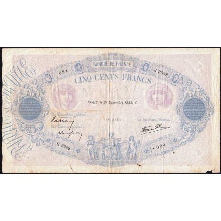 F 31-40 - 21/09/1939 - 500 francs - Bleu et rose modifié - Série H.3588 - Etat : TB-