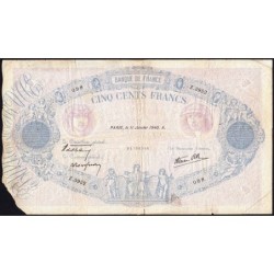 F 31-56 - 11/01/1940 - 500 francs - Bleu et rose modifié - Série Z.3952 - Etat : B