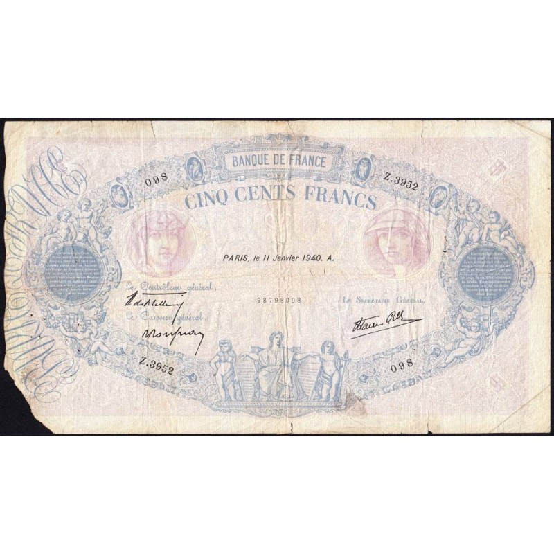 F 31-56 - 11/01/1940 - 500 francs - Bleu et rose modifié - Série Z.3952 - Etat : B