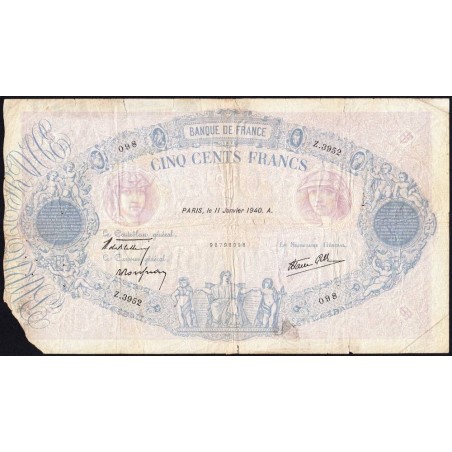 F 31-56 - 11/01/1940 - 500 francs - Bleu et rose modifié - Série Z.3952 - Etat : B