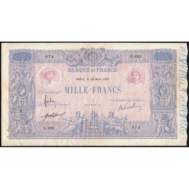 F 36-27 - 26/03/1913 - 1000 francs - Bleu et rose - Série U.823 - Etat : TB