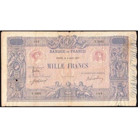 F 36-31 - 04/04/1917 - 1000 francs - Bleu et rose - Série V.1003 - Etat : TB-