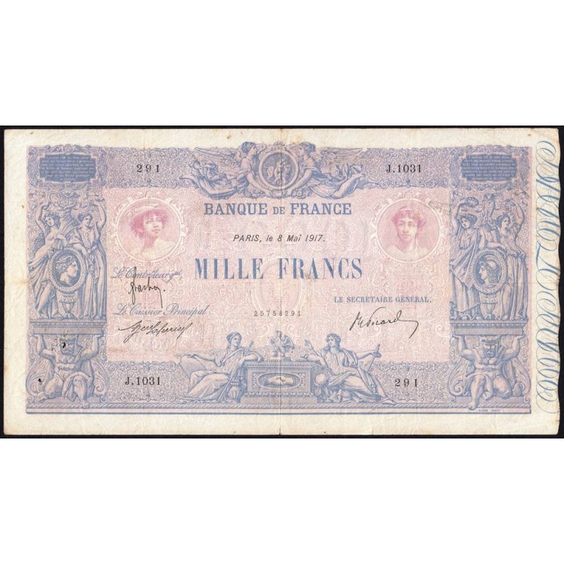 F 36-31 - 04/04/1917 - 1000 francs - Bleu et rose - Série J.1031 - Etat : TB+