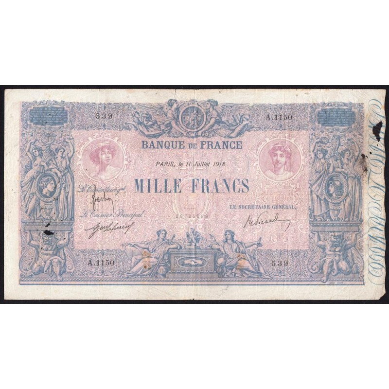 F 36-32 - 11/07/1918 - 1000 francs - Bleu et rose - Série A.1150 - Etat : TB-