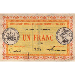 Colonie du Dahomey - Pick 2b - 1 franc - Série J-80 - 11/02/1917 - Etat : TTB+